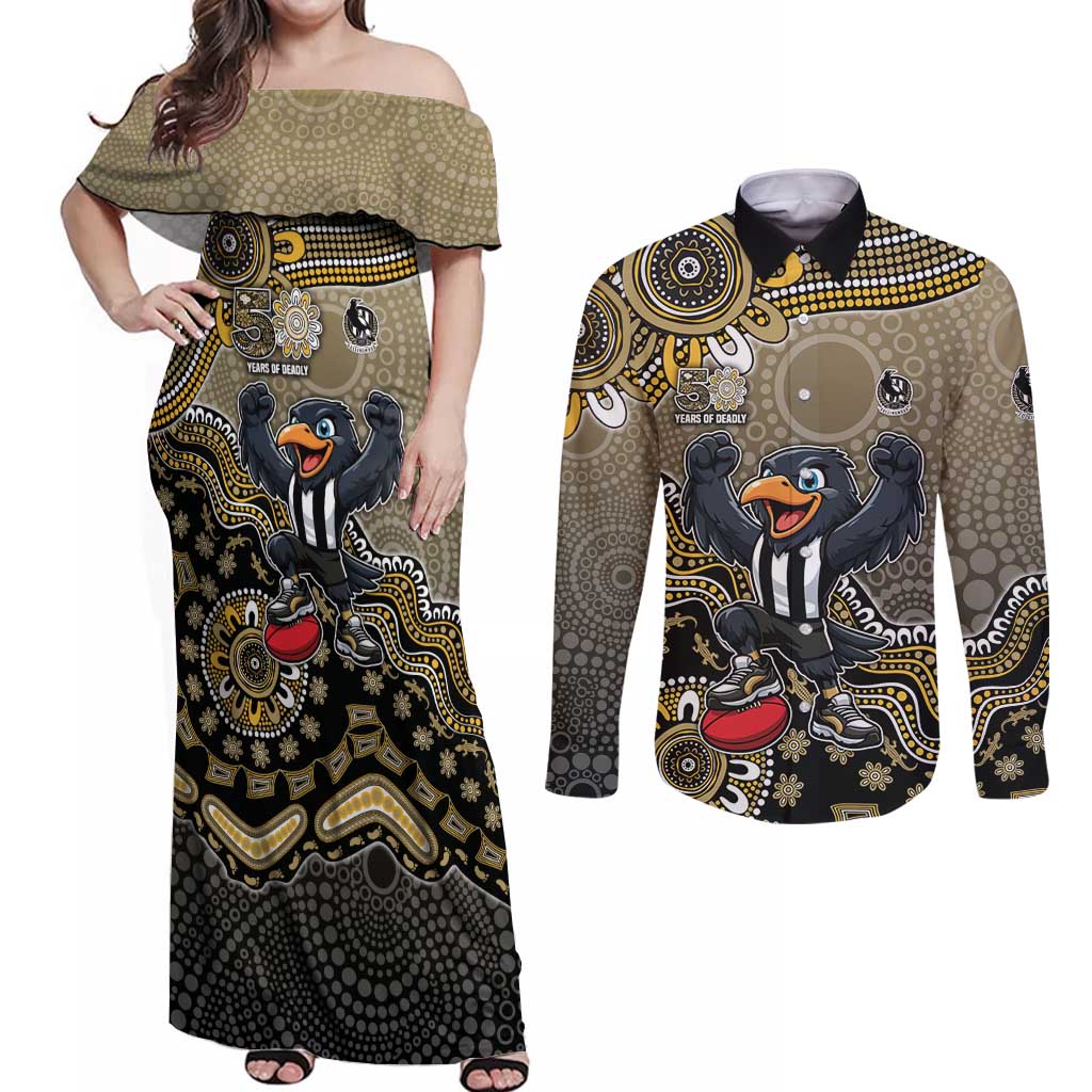 Personalized Magpies Football Mascot Couples Matching Off Shoulder Maxi Dress and Long Sleeve Button Shirt Aboriginal Dot Art Style Vibrant Indigenous Pattern Design