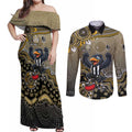 Personalized Magpies Football Mascot Couples Matching Off Shoulder Maxi Dress and Long Sleeve Button Shirt Aboriginal Dot Art Style Vibrant Indigenous Pattern Design