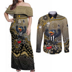 Personalized Magpies Football Mascot Couples Matching Off Shoulder Maxi Dress and Long Sleeve Button Shirt Aboriginal Dot Art Style Vibrant Indigenous Pattern Design