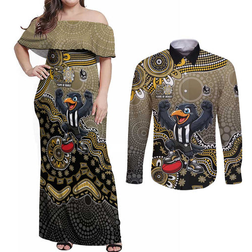 Personalized Magpies Football Mascot Couples Matching Off Shoulder Maxi Dress and Long Sleeve Button Shirt Aboriginal Dot Art Style Vibrant Indigenous Pattern Design