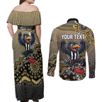 Personalized Magpies Football Mascot Couples Matching Off Shoulder Maxi Dress and Long Sleeve Button Shirt Aboriginal Dot Art Style Vibrant Indigenous Pattern Design