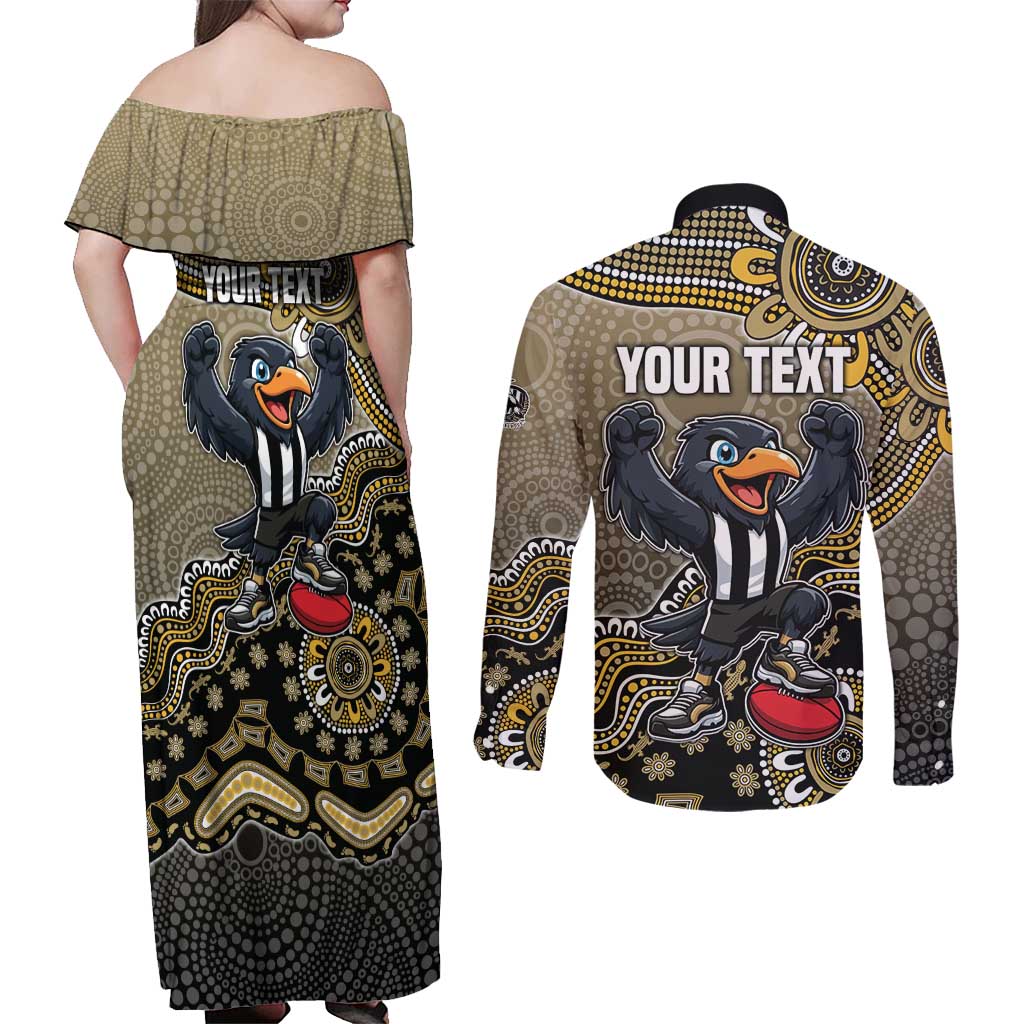 Personalized Magpies Football Mascot Couples Matching Off Shoulder Maxi Dress and Long Sleeve Button Shirt Aboriginal Dot Art Style Vibrant Indigenous Pattern Design