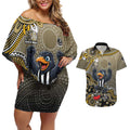 Personalized Magpies Football Mascot Couples Matching Off Shoulder Short Dress and Hawaiian Shirt Aboriginal Dot Art Style Vibrant Indigenous Pattern Design