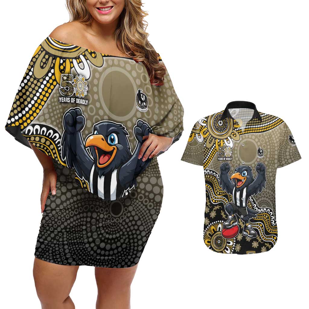Personalized Magpies Football Mascot Couples Matching Off Shoulder Short Dress and Hawaiian Shirt Aboriginal Dot Art Style Vibrant Indigenous Pattern Design