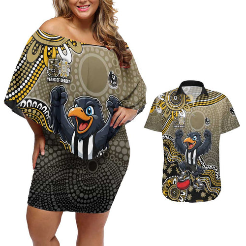 Personalized Magpies Football Mascot Couples Matching Off Shoulder Short Dress and Hawaiian Shirt Aboriginal Dot Art Style Vibrant Indigenous Pattern Design
