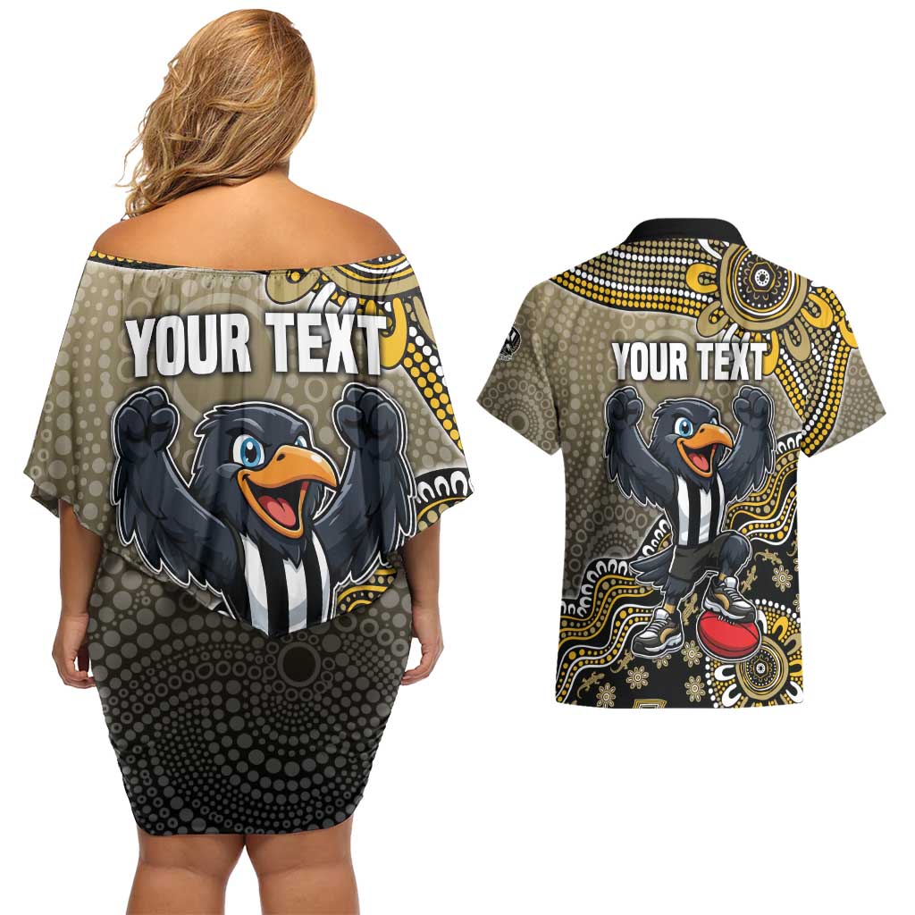 Personalized Magpies Football Mascot Couples Matching Off Shoulder Short Dress and Hawaiian Shirt Aboriginal Dot Art Style Vibrant Indigenous Pattern Design