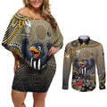 Personalized Magpies Football Mascot Couples Matching Off Shoulder Short Dress and Long Sleeve Button Shirt Aboriginal Dot Art Style Vibrant Indigenous Pattern Design
