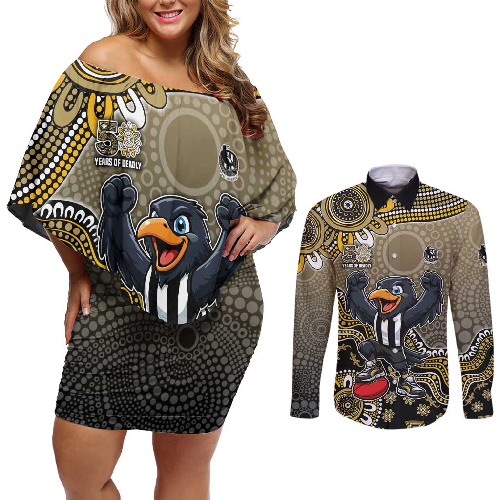 Personalized Magpies Football Mascot Couples Matching Off Shoulder Short Dress and Long Sleeve Button Shirt Aboriginal Dot Art Style Vibrant Indigenous Pattern Design