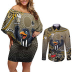 Personalized Magpies Football Mascot Couples Matching Off Shoulder Short Dress and Long Sleeve Button Shirt Aboriginal Dot Art Style Vibrant Indigenous Pattern Design