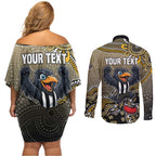 Personalized Magpies Football Mascot Couples Matching Off Shoulder Short Dress and Long Sleeve Button Shirt Aboriginal Dot Art Style Vibrant Indigenous Pattern Design