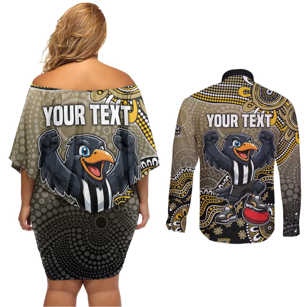 Personalized Magpies Football Mascot Couples Matching Off Shoulder Short Dress and Long Sleeve Button Shirt Aboriginal Dot Art Style Vibrant Indigenous Pattern Design