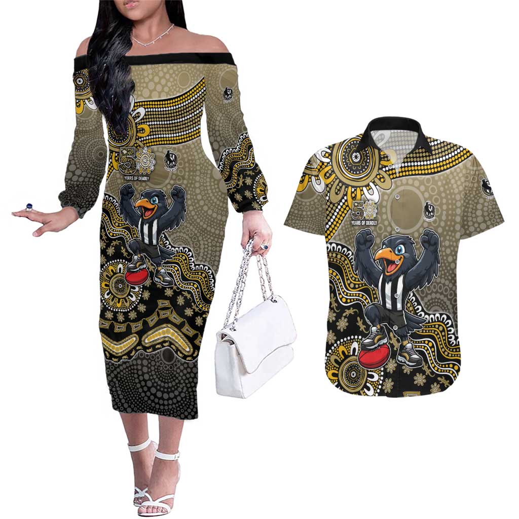 Personalized Magpies Football Mascot Couples Matching Off The Shoulder Long Sleeve Dress and Hawaiian Shirt Aboriginal Dot Art Style Vibrant Indigenous Pattern Design