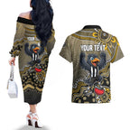 Personalized Magpies Football Mascot Couples Matching Off The Shoulder Long Sleeve Dress and Hawaiian Shirt Aboriginal Dot Art Style Vibrant Indigenous Pattern Design