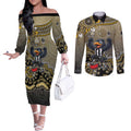 Personalized Magpies Football Mascot Couples Matching Off The Shoulder Long Sleeve Dress and Long Sleeve Button Shirt Aboriginal Dot Art Style Vibrant Indigenous Pattern Design