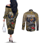 Personalized Magpies Football Mascot Couples Matching Off The Shoulder Long Sleeve Dress and Long Sleeve Button Shirt Aboriginal Dot Art Style Vibrant Indigenous Pattern Design