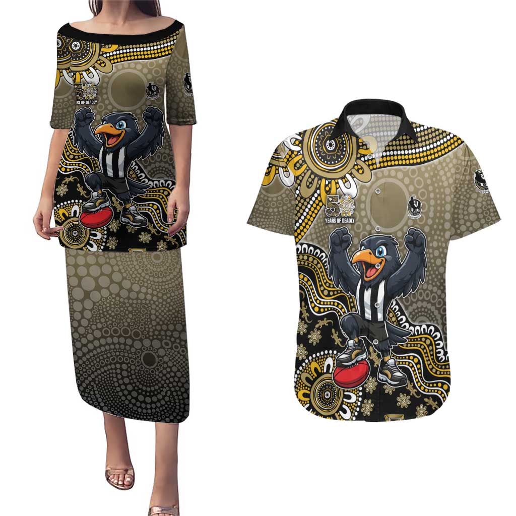 Personalized Magpies Football Mascot Couples Matching Puletasi and Hawaiian Shirt Aboriginal Dot Art Style Vibrant Indigenous Pattern Design