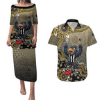 Personalized Magpies Football Mascot Couples Matching Puletasi and Hawaiian Shirt Aboriginal Dot Art Style Vibrant Indigenous Pattern Design