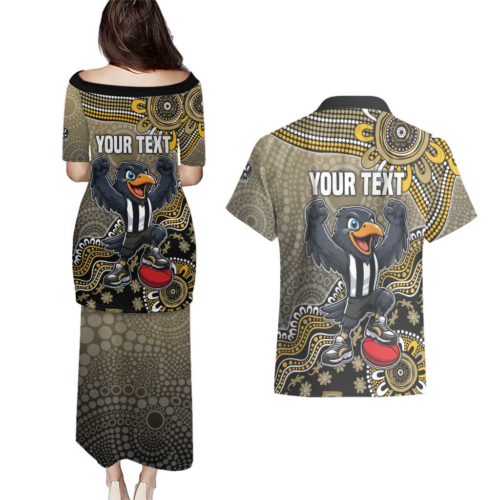 Personalized Magpies Football Mascot Couples Matching Puletasi and Hawaiian Shirt Aboriginal Dot Art Style Vibrant Indigenous Pattern Design