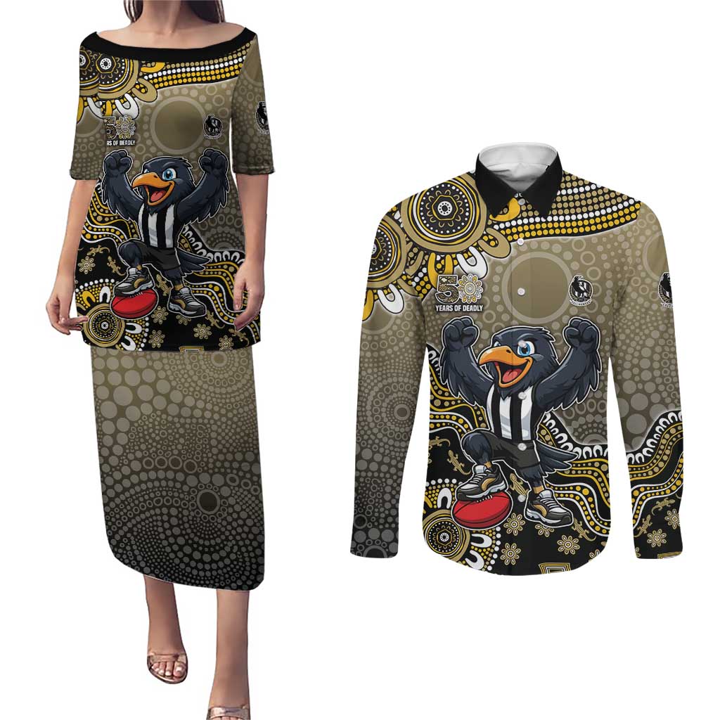 Personalized Magpies Football Mascot Couples Matching Puletasi and Long Sleeve Button Shirt Aboriginal Dot Art Style Vibrant Indigenous Pattern Design
