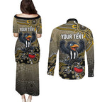 Personalized Magpies Football Mascot Couples Matching Puletasi and Long Sleeve Button Shirt Aboriginal Dot Art Style Vibrant Indigenous Pattern Design