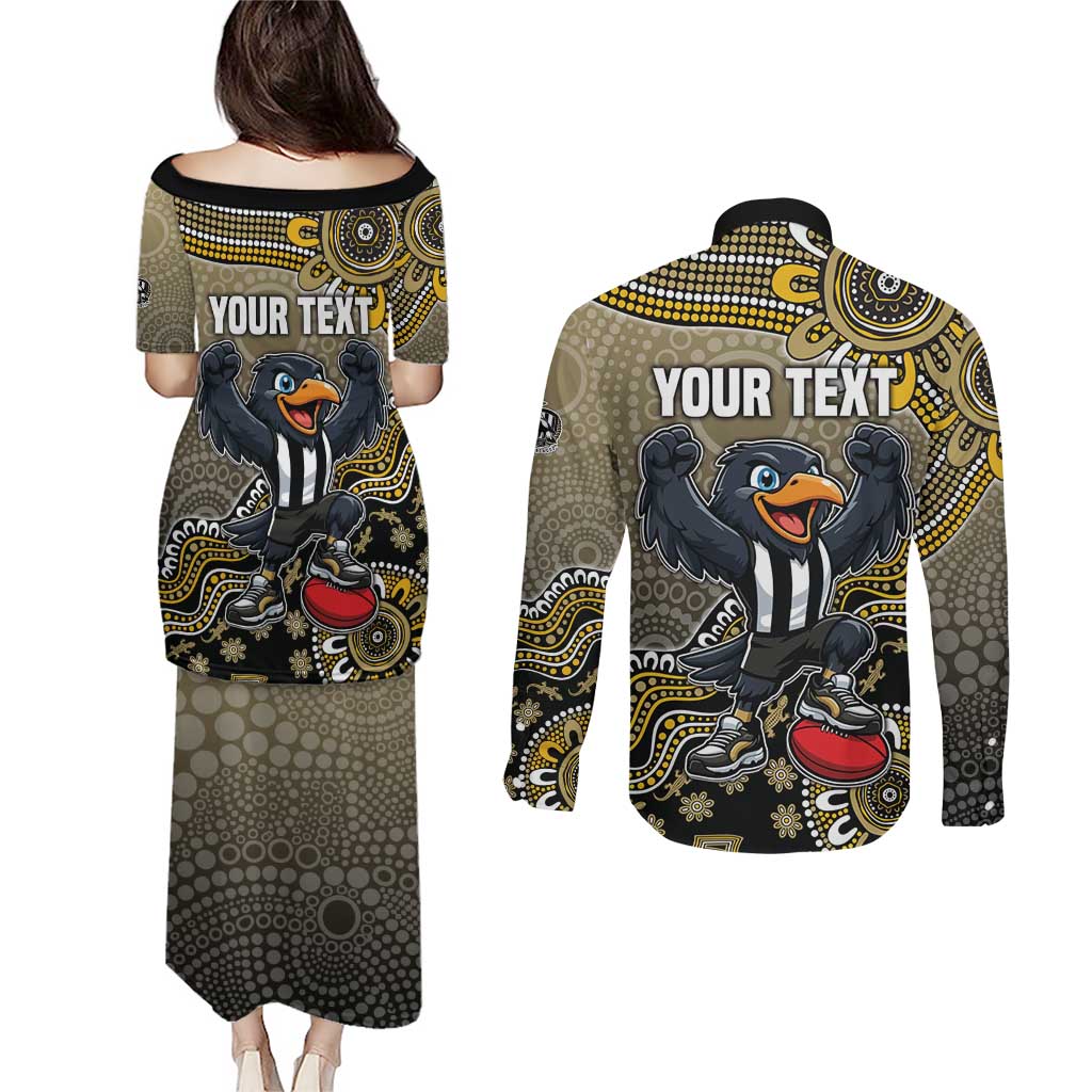 Personalized Magpies Football Mascot Couples Matching Puletasi and Long Sleeve Button Shirt Aboriginal Dot Art Style Vibrant Indigenous Pattern Design