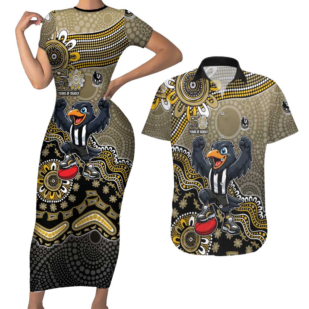 Personalized Magpies Football Mascot Couples Matching Short Sleeve Bodycon Dress and Hawaiian Shirt Aboriginal Dot Art Style Vibrant Indigenous Pattern Design