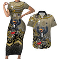 Personalized Magpies Football Mascot Couples Matching Short Sleeve Bodycon Dress and Hawaiian Shirt Aboriginal Dot Art Style Vibrant Indigenous Pattern Design