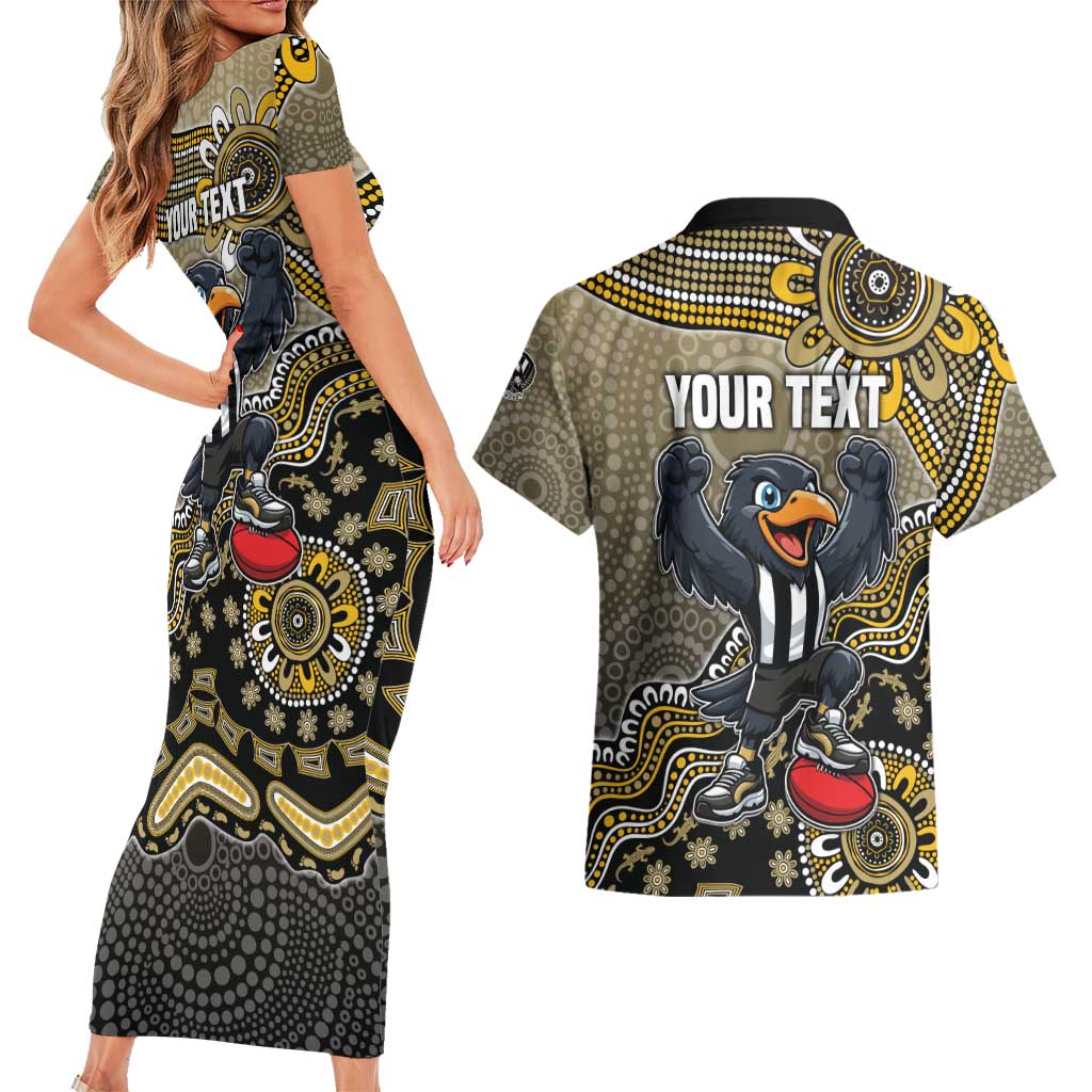 Personalized Magpies Football Mascot Couples Matching Short Sleeve Bodycon Dress and Hawaiian Shirt Aboriginal Dot Art Style Vibrant Indigenous Pattern Design