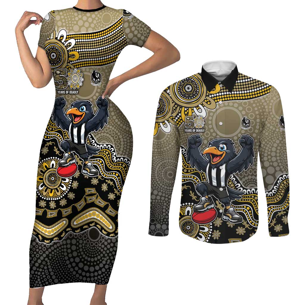 Personalized Magpies Football Mascot Couples Matching Short Sleeve Bodycon Dress and Long Sleeve Button Shirt Aboriginal Dot Art Style Vibrant Indigenous Pattern Design