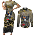 Personalized Magpies Football Mascot Couples Matching Short Sleeve Bodycon Dress and Long Sleeve Button Shirt Aboriginal Dot Art Style Vibrant Indigenous Pattern Design