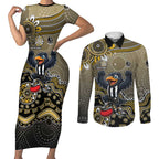 Personalized Magpies Football Mascot Couples Matching Short Sleeve Bodycon Dress and Long Sleeve Button Shirt Aboriginal Dot Art Style Vibrant Indigenous Pattern Design