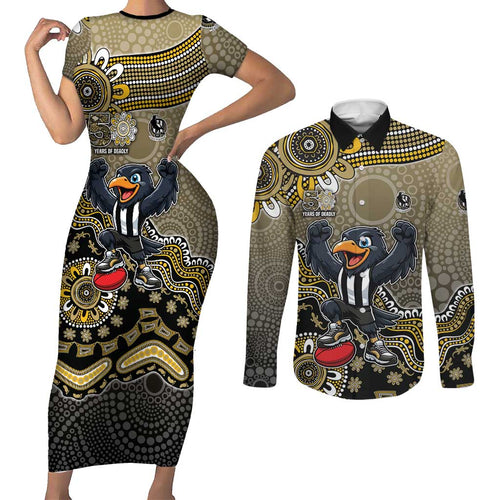 Personalized Magpies Football Mascot Couples Matching Short Sleeve Bodycon Dress and Long Sleeve Button Shirt Aboriginal Dot Art Style Vibrant Indigenous Pattern Design
