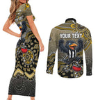 Personalized Magpies Football Mascot Couples Matching Short Sleeve Bodycon Dress and Long Sleeve Button Shirt Aboriginal Dot Art Style Vibrant Indigenous Pattern Design