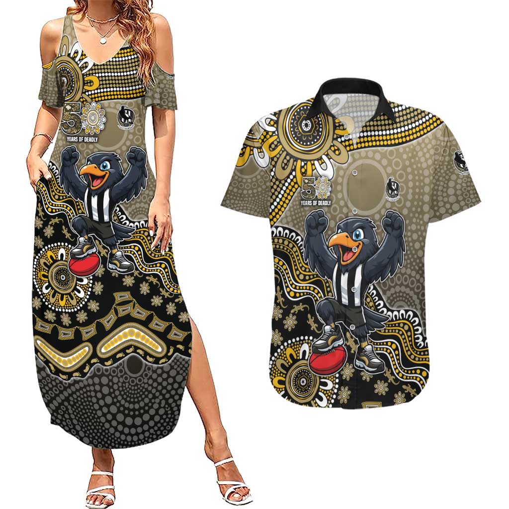 Personalized Magpies Football Mascot Couples Matching Summer Maxi Dress and Hawaiian Shirt Aboriginal Dot Art Style Vibrant Indigenous Pattern Design