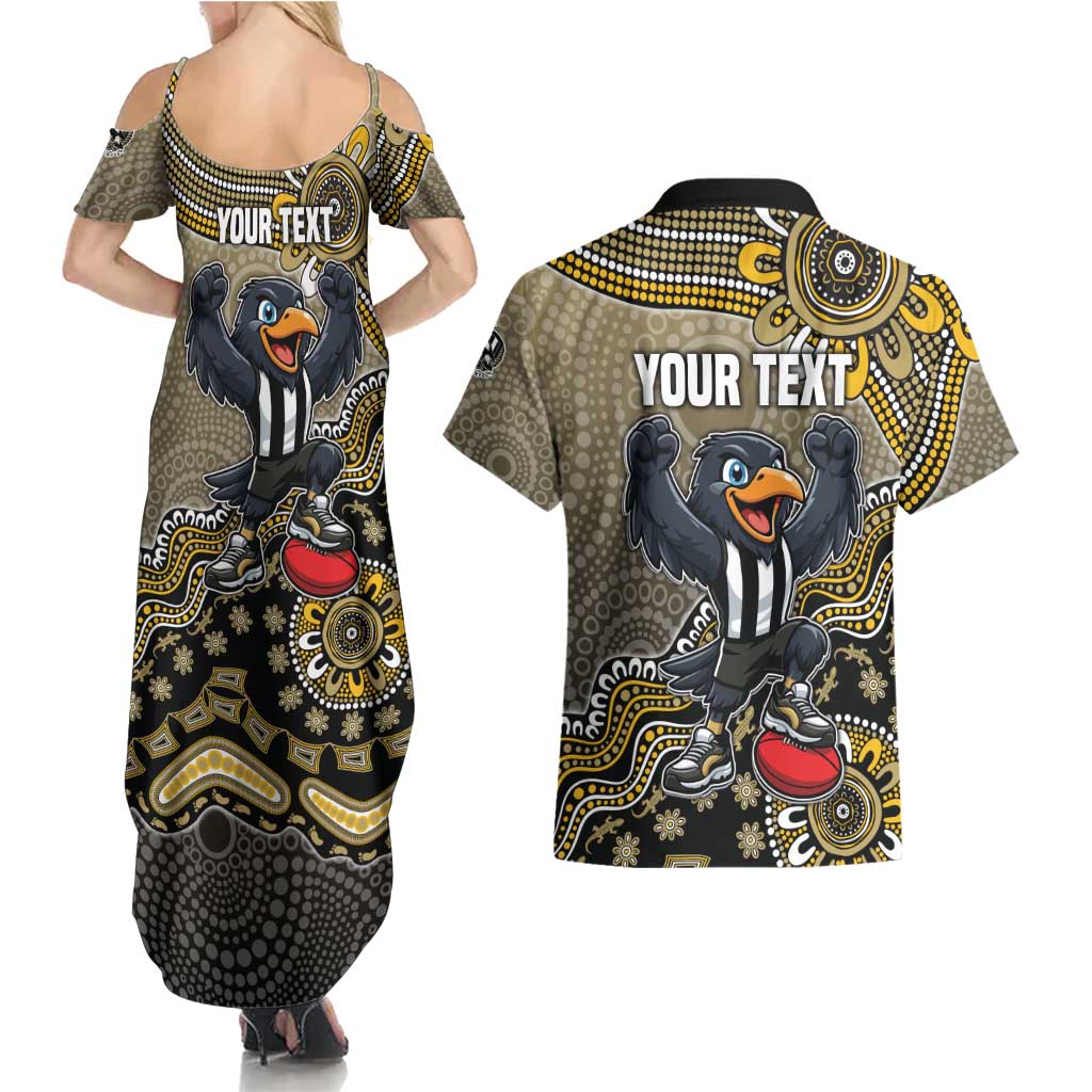 Personalized Magpies Football Mascot Couples Matching Summer Maxi Dress and Hawaiian Shirt Aboriginal Dot Art Style Vibrant Indigenous Pattern Design