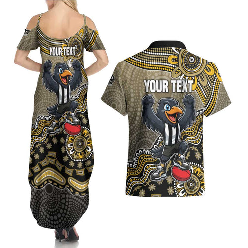 Personalized Magpies Football Mascot Couples Matching Summer Maxi Dress and Hawaiian Shirt Aboriginal Dot Art Style Vibrant Indigenous Pattern Design
