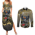 Personalized Magpies Football Mascot Couples Matching Summer Maxi Dress and Long Sleeve Button Shirt Aboriginal Dot Art Style Vibrant Indigenous Pattern Design