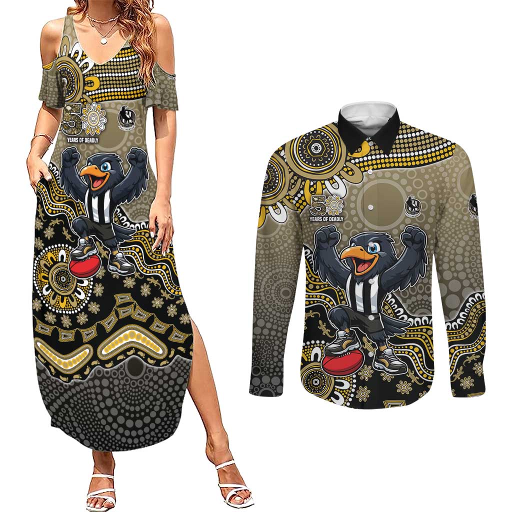 Personalized Magpies Football Mascot Couples Matching Summer Maxi Dress and Long Sleeve Button Shirt Aboriginal Dot Art Style Vibrant Indigenous Pattern Design
