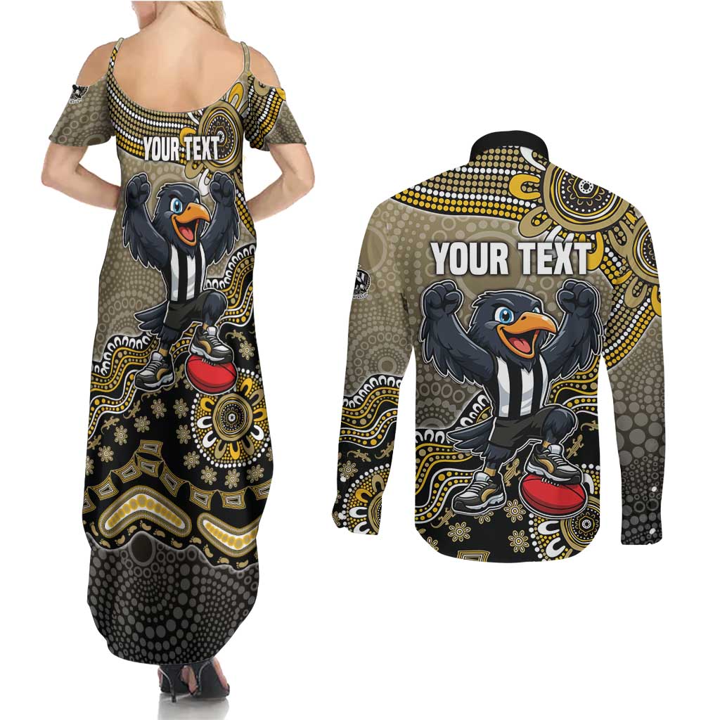 Personalized Magpies Football Mascot Couples Matching Summer Maxi Dress and Long Sleeve Button Shirt Aboriginal Dot Art Style Vibrant Indigenous Pattern Design