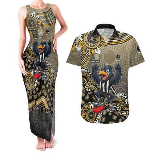 Personalized Magpies Football Mascot Couples Matching Tank Maxi Dress and Hawaiian Shirt Aboriginal Dot Art Style Vibrant Indigenous Pattern Design