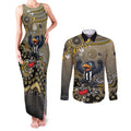 Personalized Magpies Football Mascot Couples Matching Tank Maxi Dress and Long Sleeve Button Shirt Aboriginal Dot Art Style Vibrant Indigenous Pattern Design