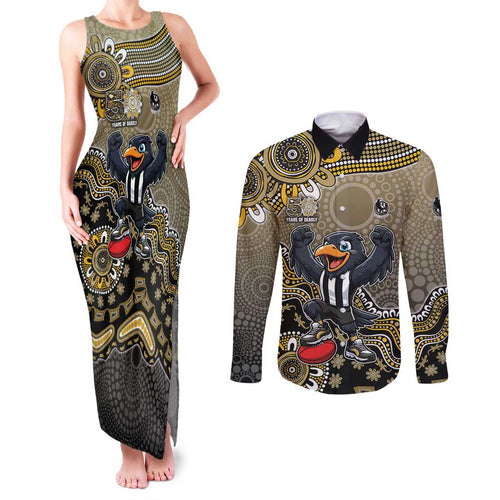 Personalized Magpies Football Mascot Couples Matching Tank Maxi Dress and Long Sleeve Button Shirt Aboriginal Dot Art Style Vibrant Indigenous Pattern Design