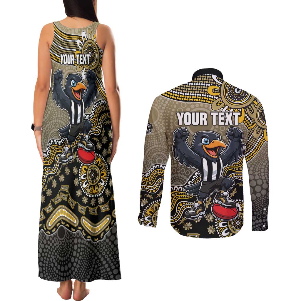 Personalized Magpies Football Mascot Couples Matching Tank Maxi Dress and Long Sleeve Button Shirt Aboriginal Dot Art Style Vibrant Indigenous Pattern Design