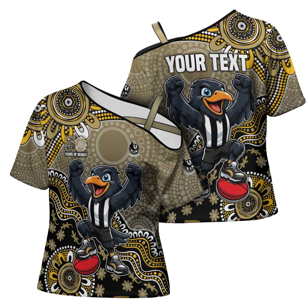 Personalized Magpies Football Mascot Cross Shoulder Shirt Aboriginal Dot Art Style Vibrant Indigenous Pattern Design