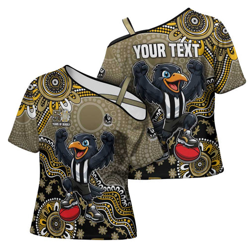 Personalized Magpies Football Mascot Cross Shoulder Shirt Aboriginal Dot Art Style Vibrant Indigenous Pattern Design