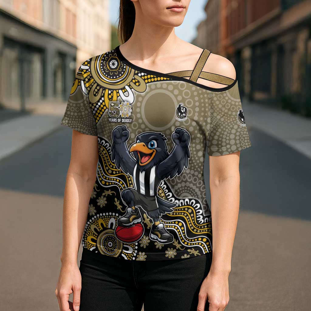 Personalized Magpies Football Mascot Cross Shoulder Shirt Aboriginal Dot Art Style Vibrant Indigenous Pattern Design
