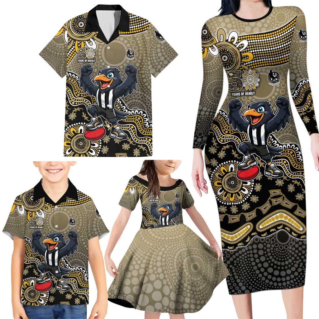 Personalized Magpies Football Mascot Family Matching Long Sleeve Bodycon Dress and Hawaiian Shirt Aboriginal Dot Art Style Vibrant Indigenous Pattern Design