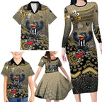 Personalized Magpies Football Mascot Family Matching Long Sleeve Bodycon Dress and Hawaiian Shirt Aboriginal Dot Art Style Vibrant Indigenous Pattern Design