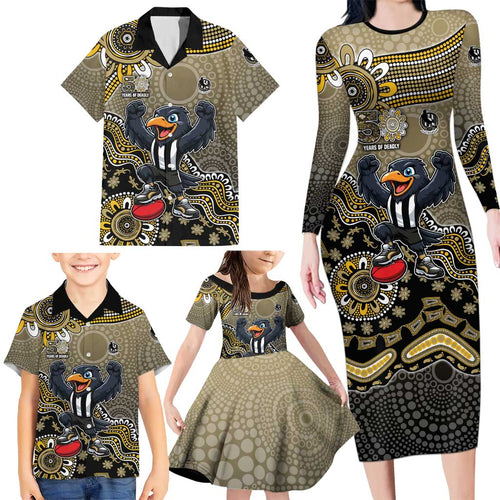 Personalized Magpies Football Mascot Family Matching Long Sleeve Bodycon Dress and Hawaiian Shirt Aboriginal Dot Art Style Vibrant Indigenous Pattern Design