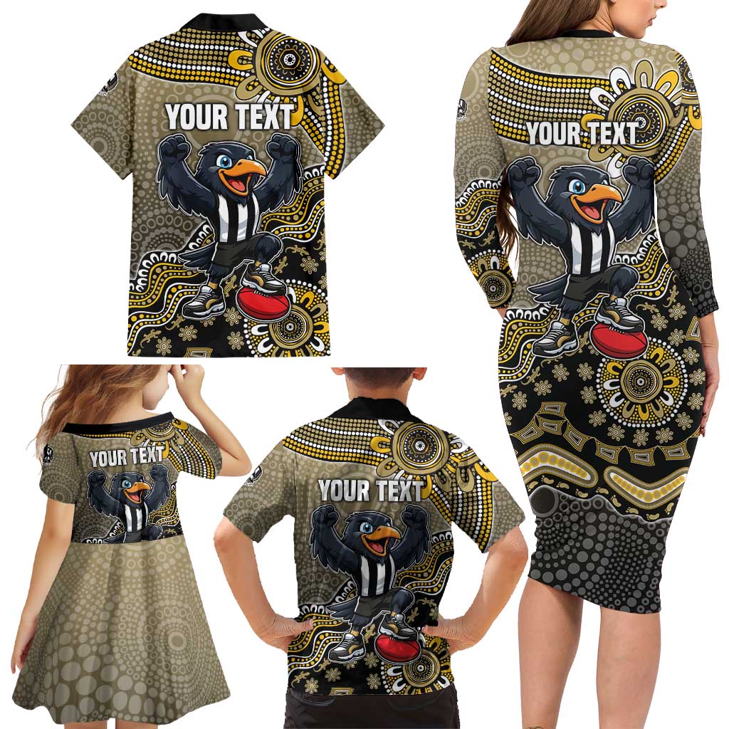 Personalized Magpies Football Mascot Family Matching Long Sleeve Bodycon Dress and Hawaiian Shirt Aboriginal Dot Art Style Vibrant Indigenous Pattern Design